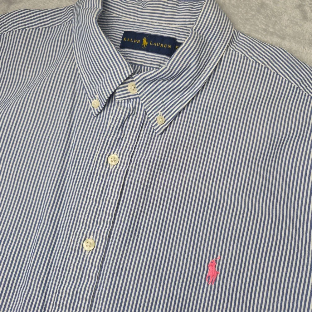 Ralph Lauren Short Sleeve Mens XXL Blue White Striped Seersucker Shirt Pink Pony